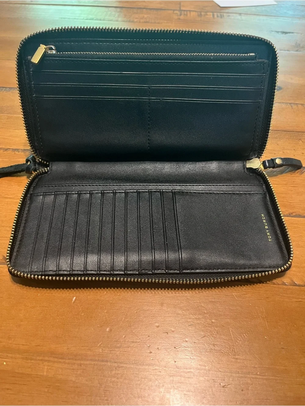 Tory Burch Black Pebbled Leather Zip-Around Wristlet with Gold Logo